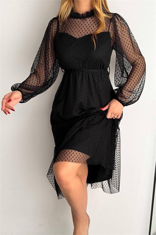 Dipmoda kadın kuşaklı midi boy siyah tül elbise NBKKLF2011 