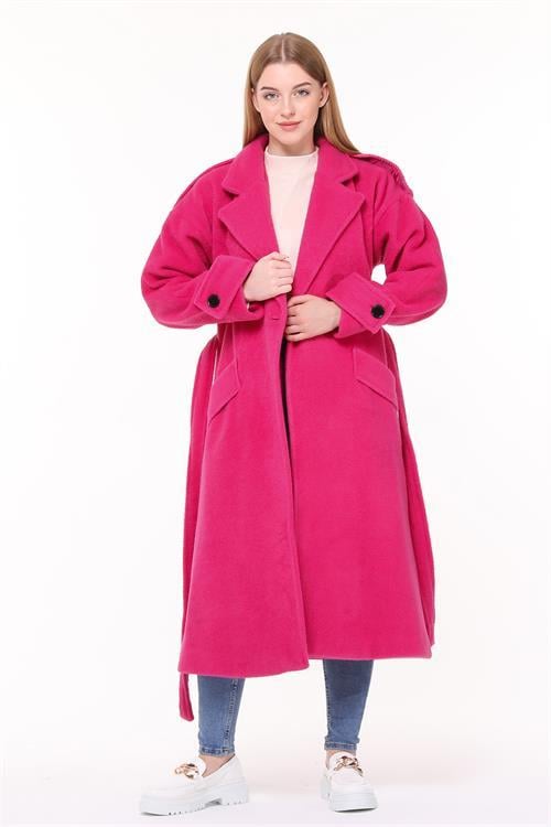 Dipmoda kadın kuşaklı oversize yün kaşe kaban NBPLTN02 - Fuşya 