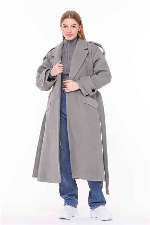 Dipmoda kadın kuşaklı oversize yün kaşe kaban NBPLTN02 - Gri 