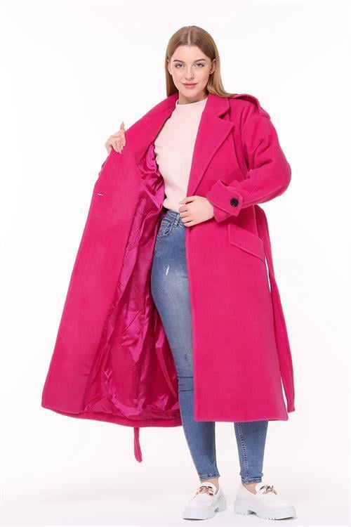 Dipmoda kadın kuşaklı oversize yün kaşe kaban NBPLTN02 - Fuşya 