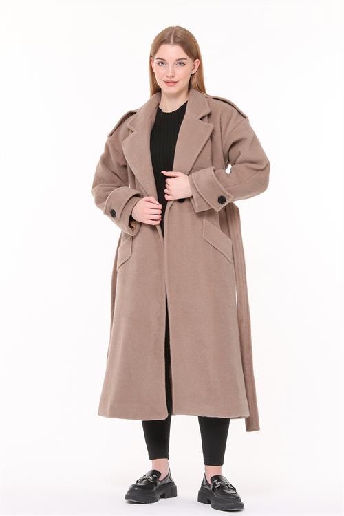Dipmoda kadın kuşaklı oversize yün kaşe kaban NBPLTN02 - Camel 