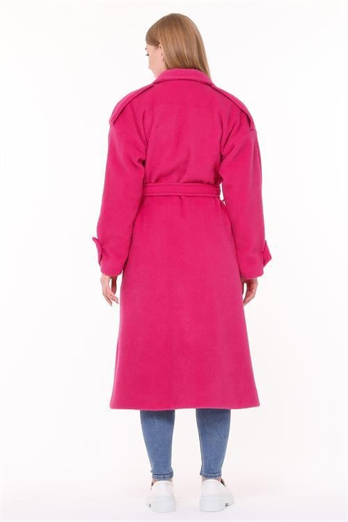 Dipmoda kadın kuşaklı oversize yün kaşe kaban NBPLTN02 - Fuşya 
