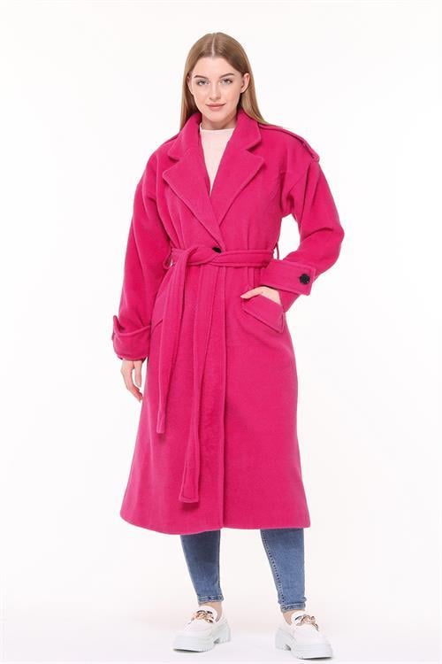 Dipmoda kadın kuşaklı oversize yün kaşe kaban NBPLTN02 - Fuşya 