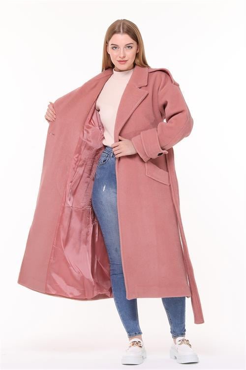 Dipmoda kadın kuşaklı oversize yün kaşe kaban NBPLTN02 - Gül Kurusu 
