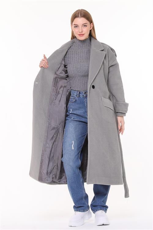 Dipmoda kadın kuşaklı oversize yün kaşe kaban NBPLTN02 - Gri 
