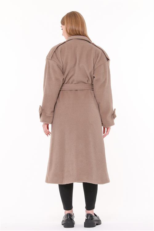 Dipmoda kadın kuşaklı oversize yün kaşe kaban NBPLTN02 - Camel 