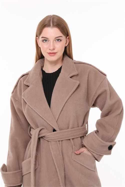 Dipmoda kadın kuşaklı oversize yün kaşe kaban NBPLTN02 - Camel 
