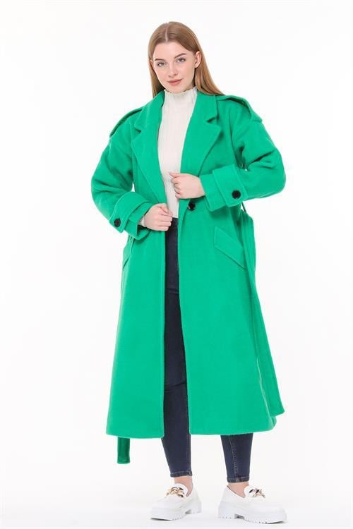 Dipmoda kadın kuşaklı oversize yün kaşe kaban NBPLTN02 - Benetton Yeşili 