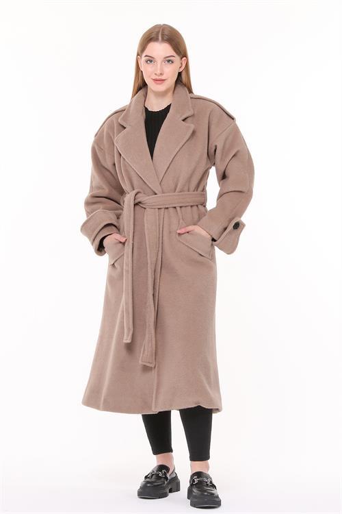 Dipmoda kadın kuşaklı oversize yün kaşe kaban NBPLTN02 - Camel 