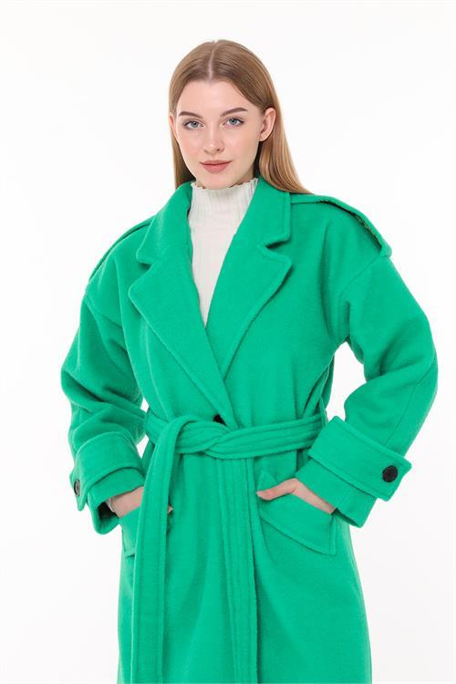 Dipmoda kadın kuşaklı oversize yün kaşe kaban NBPLTN02 - Benetton Yeşili 
