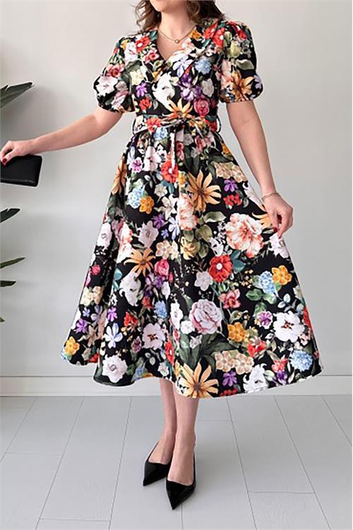 Dipmoda kadın kuşaklı poplin kumaş desenli elbise DPMY3467