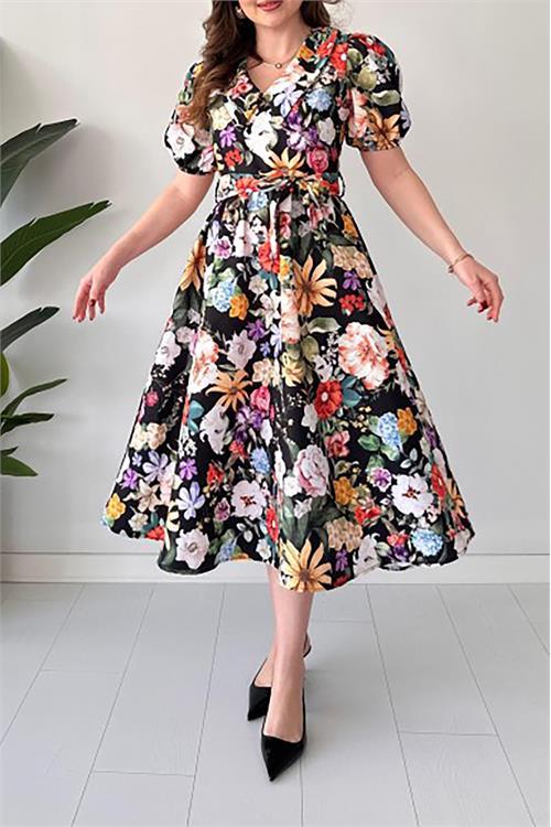 Dipmoda kadın kuşaklı poplin kumaş desenli elbise DPMY3467