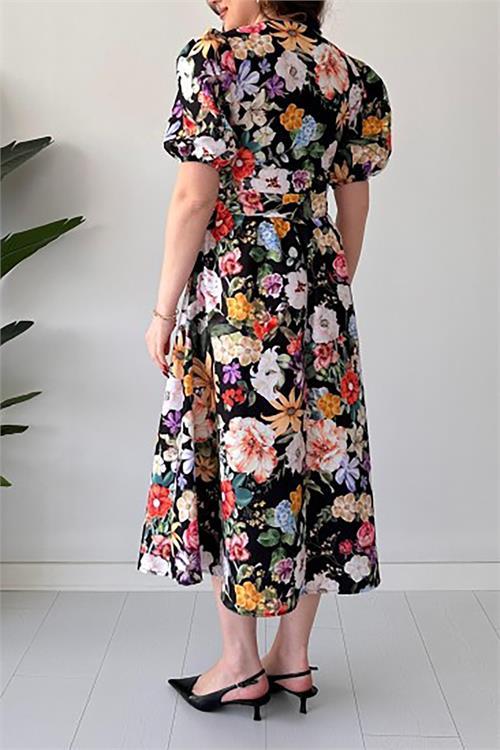 Dipmoda kadın kuşaklı poplin kumaş desenli elbise DPMY3467