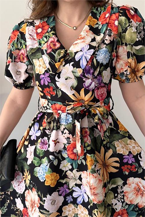 Dipmoda kadın kuşaklı poplin kumaş desenli elbise DPMY3467