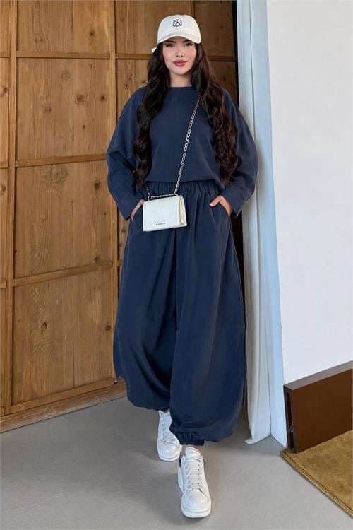 Dipmoda kadın lacivert asimetrik tunik pantolon oversize tesnsel tesettür takım NMS104