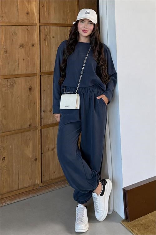 Dipmoda kadın lacivert asimetrik tunik pantolon oversize tesnsel tesettür takım NMS104