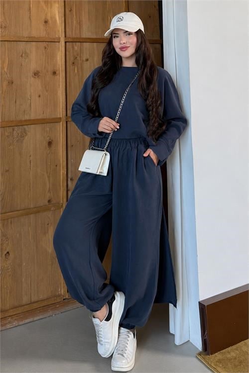 Dipmoda kadın lacivert asimetrik tunik pantolon oversize tesnsel tesettür takım NMS104