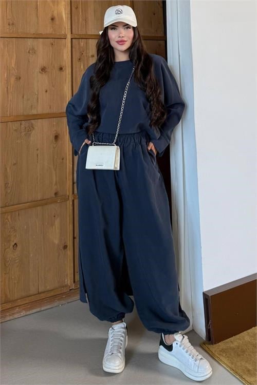 Dipmoda kadın lacivert asimetrik tunik pantolon oversize tesnsel tesettür takım NMS104
