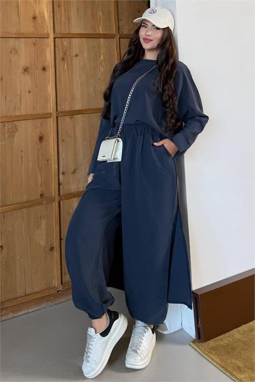 Dipmoda kadın lacivert asimetrik tunik pantolon oversize tesnsel tesettür takım NMS104