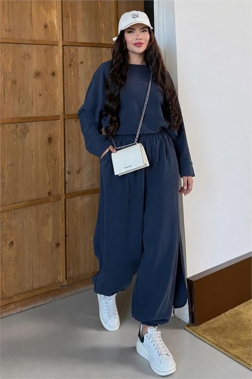 Dipmoda kadın lacivert asimetrik tunik pantolon oversize tesnsel tesettür takım NMS104
