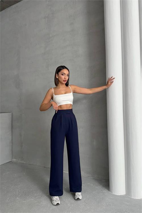 Dipmoda kadın lacivert beli cırtlı palazzo kumaş pantolon DPNBG063