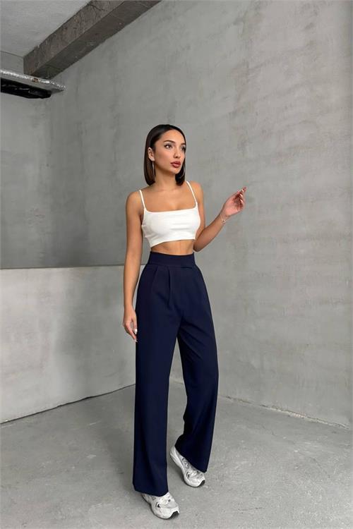 Dipmoda kadın lacivert beli cırtlı palazzo kumaş pantolon DPNBG063