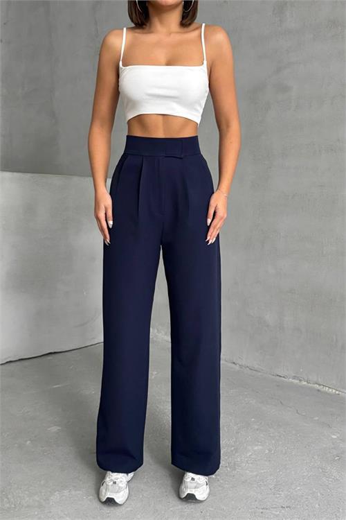 Dipmoda kadın lacivert beli cırtlı palazzo kumaş pantolon DPNBG063