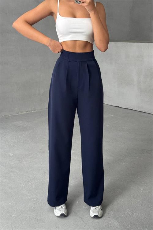 Dipmoda kadın lacivert beli cırtlı palazzo kumaş pantolon DPNBG063