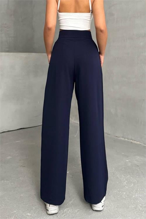 Dipmoda kadın lacivert beli cırtlı palazzo kumaş pantolon DPNBG063