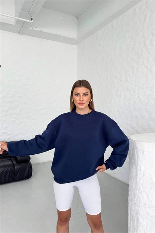 Dipmoda kadın lacivert bisiklet yaka pamuklu sweat NBG031 