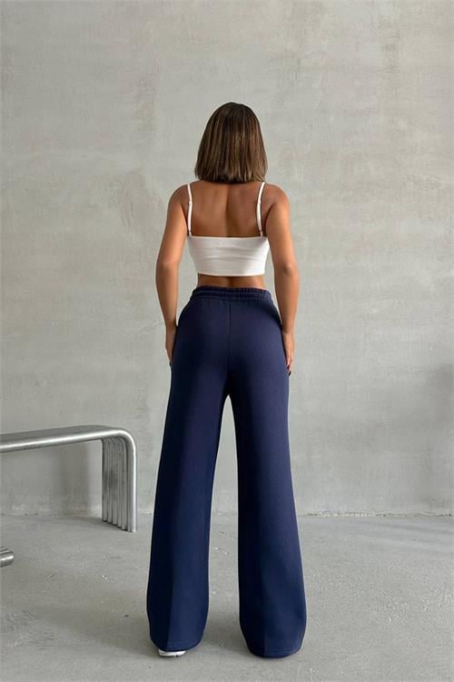 Dipmoda kadın lacivert cepli bol paça pamuklu eşofman altı NBG042 