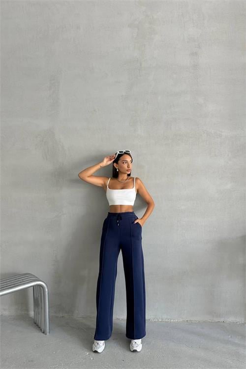 Dipmoda kadın lacivert cepli bol paça pamuklu eşofman altı NBG042 