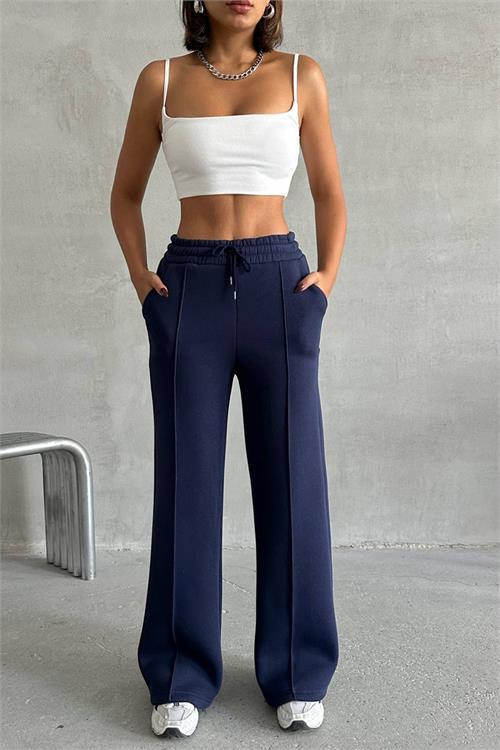 Dipmoda kadın lacivert cepli bol paça pamuklu eşofman altı NBG042 