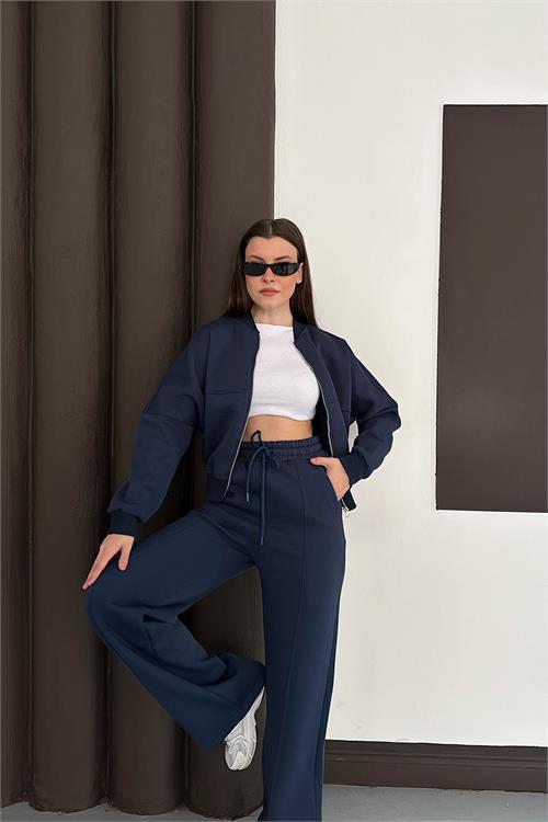 Dipmoda kadın lacivert cepli içi polarlı 3 iplik eşofman takımı RYHS001