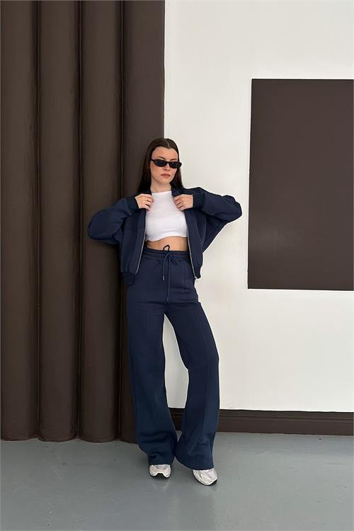 Dipmoda kadın lacivert cepli içi polarlı 3 iplik eşofman takımı RYHS001