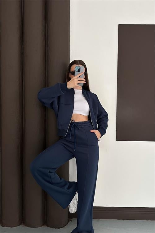 Dipmoda kadın lacivert cepli içi polarlı 3 iplik eşofman takımı RYHS001
