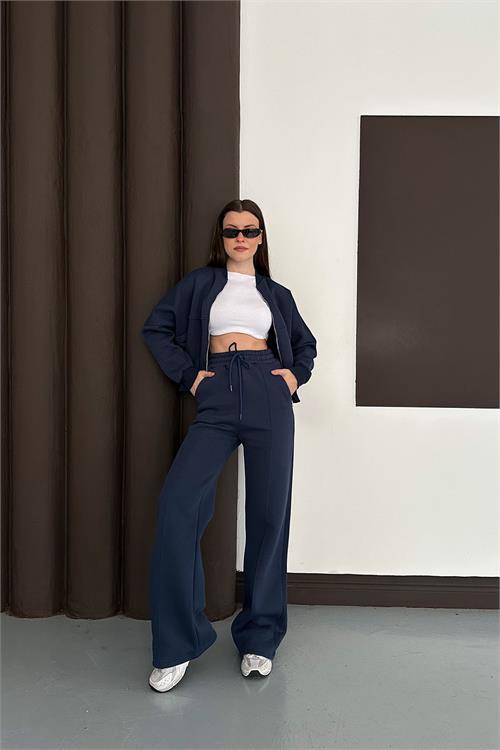 Dipmoda kadın lacivert cepli içi polarlı 3 iplik eşofman takımı RYHS001