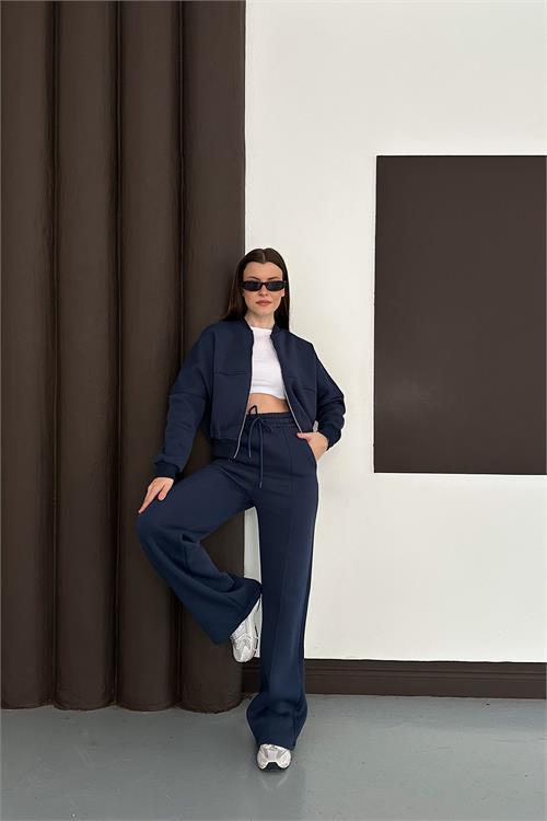 Dipmoda kadın lacivert cepli içi polarlı 3 iplik eşofman takımı RYHS001