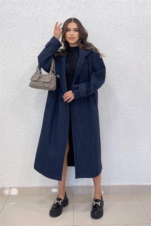 Dipmoda kadın lacivert çizgili oversize kaşe kaban NBSHNZ08