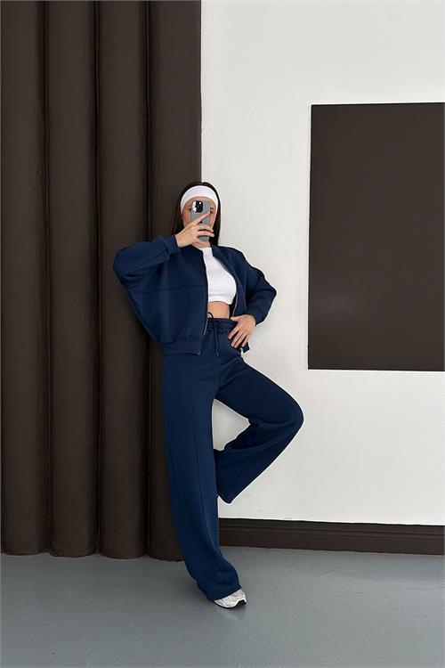 Dipmoda kadın lacivert fermuarlı 3 iplik eşofman takımı DPESF01