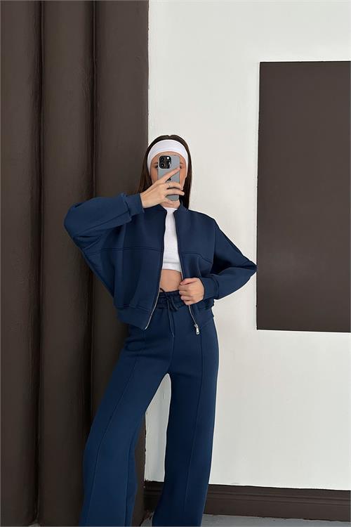 Dipmoda kadın lacivert fermuarlı 3 iplik eşofman takımı DPESF01