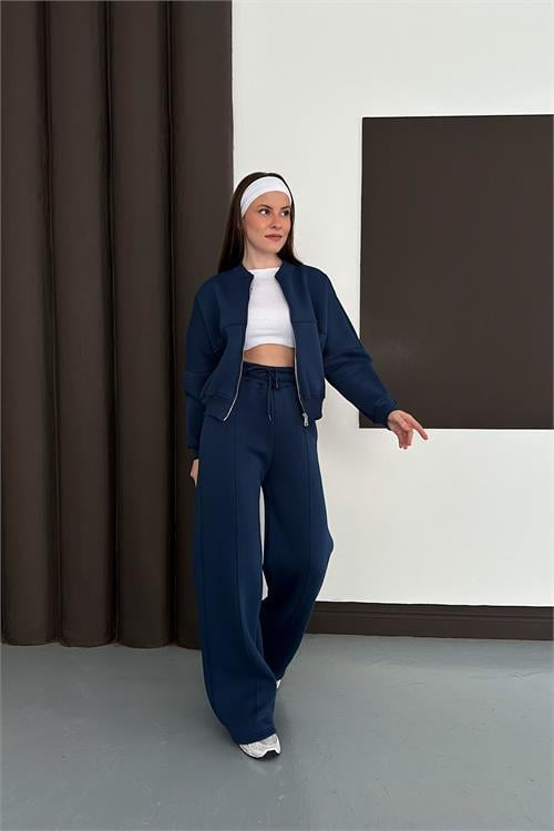Dipmoda kadın lacivert fermuarlı 3 iplik eşofman takımı DPESF01