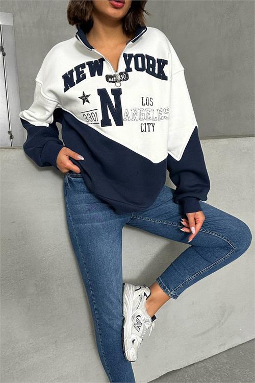 Dipmoda kadın lacivert fermuarlı New york sweat NBG050