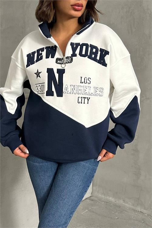 Dipmoda kadın lacivert fermuarlı New york sweat NBG050