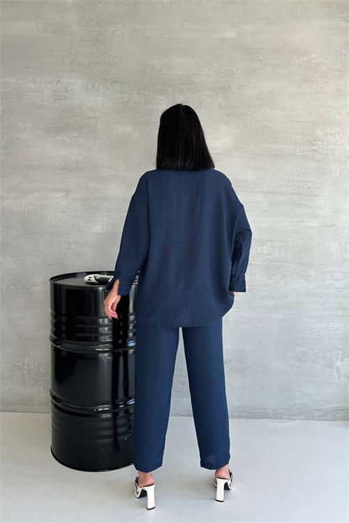 Dipmoda kadın lacivert ithal keten gömlek pantolon takım NBG005 