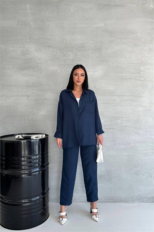 Dipmoda kadın lacivert ithal keten gömlek pantolon takım NBG005 