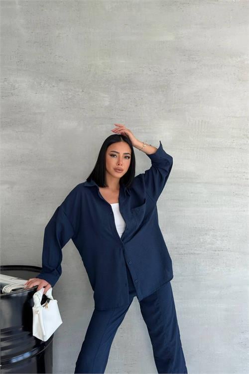 Dipmoda kadın lacivert ithal keten gömlek pantolon takım NBG005 