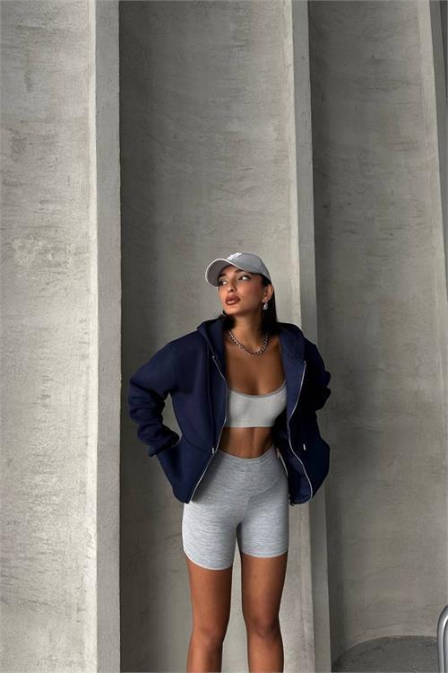 Dipmoda kadın lacivert kapuşonlu içi pamuklu sweat NBG030 