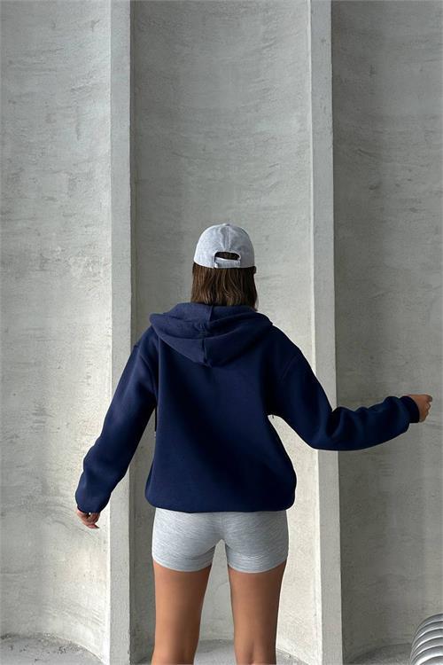 Dipmoda kadın lacivert kapuşonlu içi pamuklu sweat NBG030 