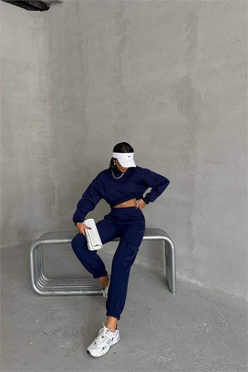 Dipmoda kadın lacivert kargo cepli eşofman takımı NBG041 
